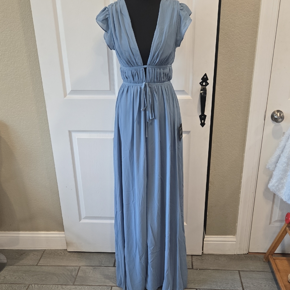 Lulus Light Blue Deep V-Neck Flutter Sleeve Maxi Dress NWT